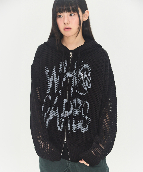 フーケールズメッシュニットジップアップフードパーカー[ブラック