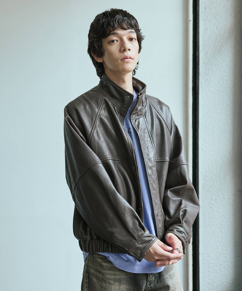セール】シープ レザー ウォッシュド スタンド ブルゾン（ライダース