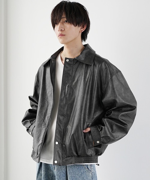 MinoriTY】シンセティッククラシックPUレザービッグブルゾン ショート