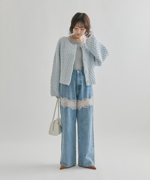 セール】【ウエスト調整可能！】レース切替デニム（デニムパンツ