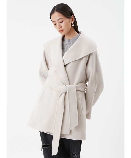 セール】共ベルト付きビックカラーミディ丈コート（ステンカラーコート