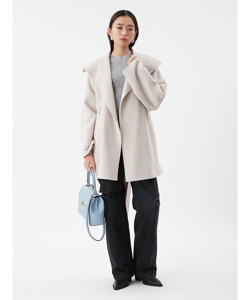 セール】共ベルト付きビックカラーミディ丈コート（ステンカラーコート
