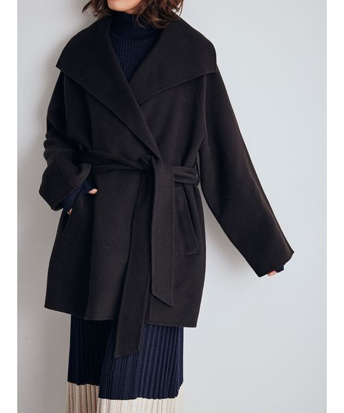 セール】共ベルト付きビックカラーミディ丈コート（ステンカラーコート