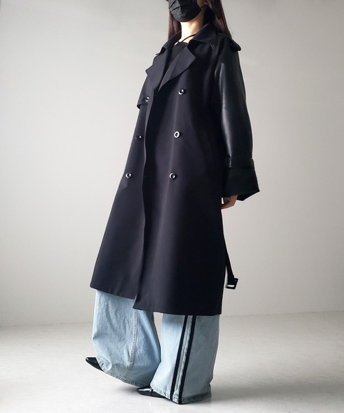 セール】【 3COLOR 】フェイクレザードッキングロングトレンチコート