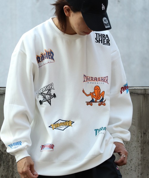 セール】【THRASHER/スラッシャー】裏起毛 総柄プリント＆刺繍ロゴ