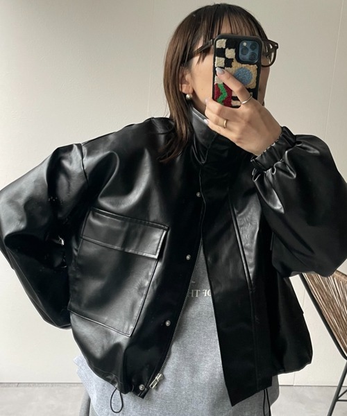 セール】【選べる2素材】クロップドスタンドショートブルゾン フェイク