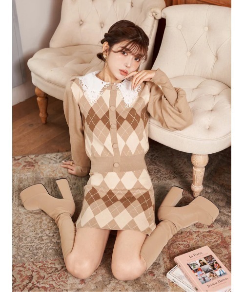ビックカラーアーガイルチェックニットトップス（ニット/セーター