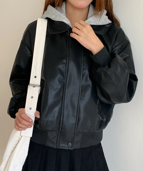 セール】【25秋冬新作】フェイクレイヤード フード付きレザー
