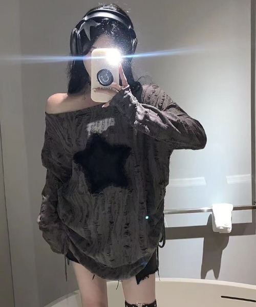 セール】ダメージ スター ルーズ トップス ギャザー デザイン 韓国