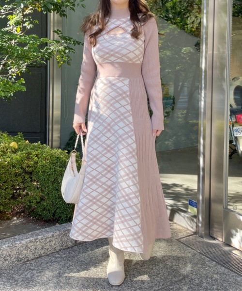 NOMAE（ノーマエ）の「ダイヤ柄チェックニットワンピース（ワンピース