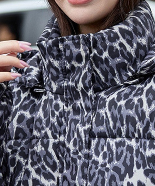 セール】ヒョウ柄 ショート丈 スタンドカラー エコダウンジャケット