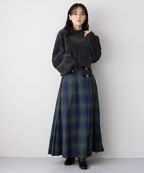 セール】＜選べる着丈＞Wベルト/キルトチェックプリーツスカート
