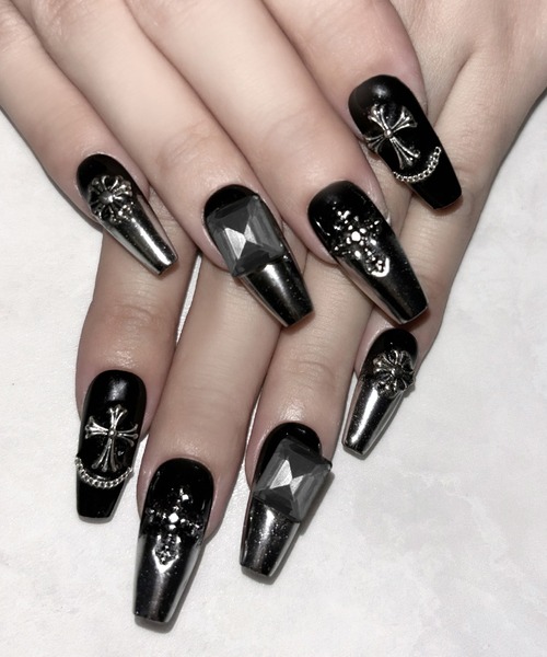 チェーンクロスブラックミラースクエアネイルチップ ／ chain cross