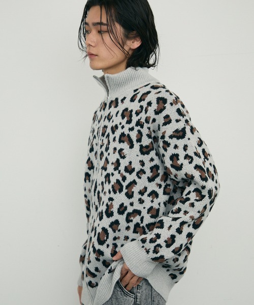 セール】Leopard print zip-up knit sweater / レオパード柄ジップ