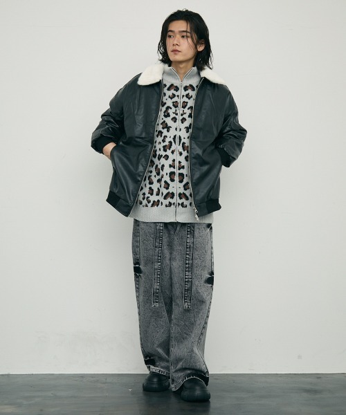 セール】Leopard print zip-up knit sweater / レオパード柄ジップ