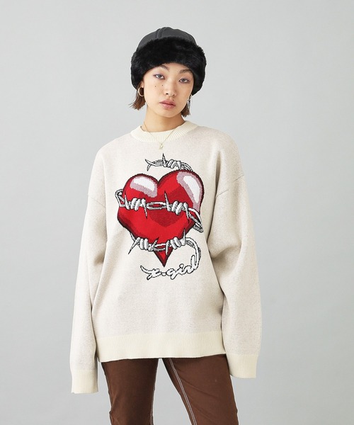 X-girl（エックスガール）の「HEART BARBED WIRE JACQUARD KNIT TOP