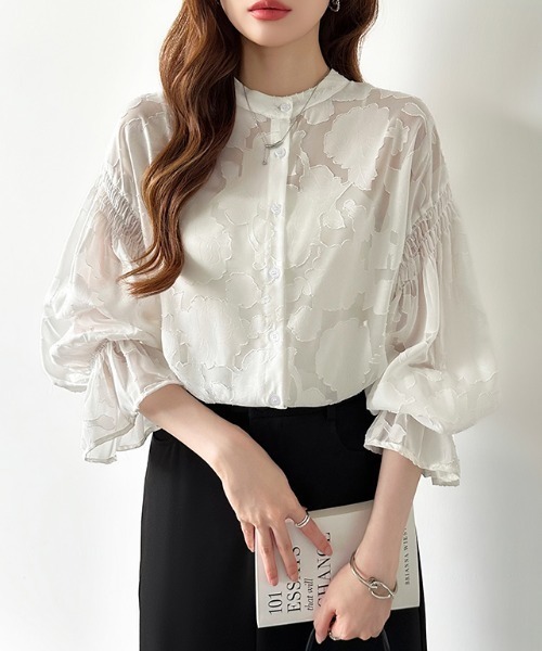 セール】前後2way ジャガードブラウス シアーシャツ フラワー