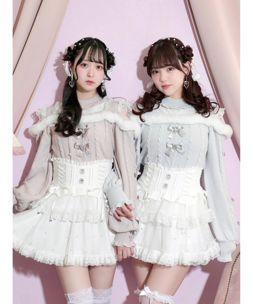 ビジューリボンケーブルオフショルファーニット（ニット/セーター