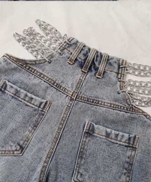 セール】ウエストカットチェーンデニムストレートパンツ（デニムパンツ