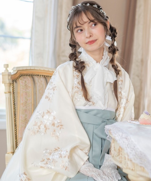 セール】花刺繍チュールレース 袴一体型着物ワンピース（着物