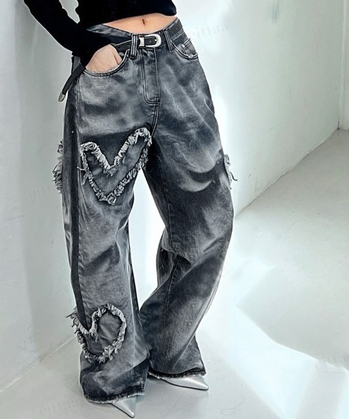 韓国ファッション Y2K ハート フリンジ刺繍 色落ちヴィンテージワイド