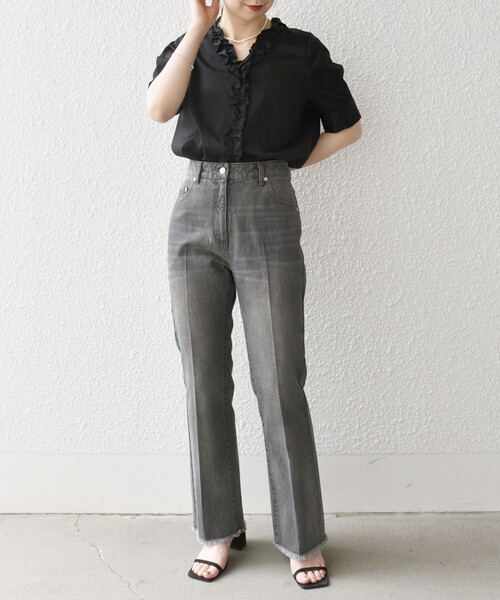 SHIPS any: 〈洗濯機可能〉コットン サテン フリル Vネック ショート