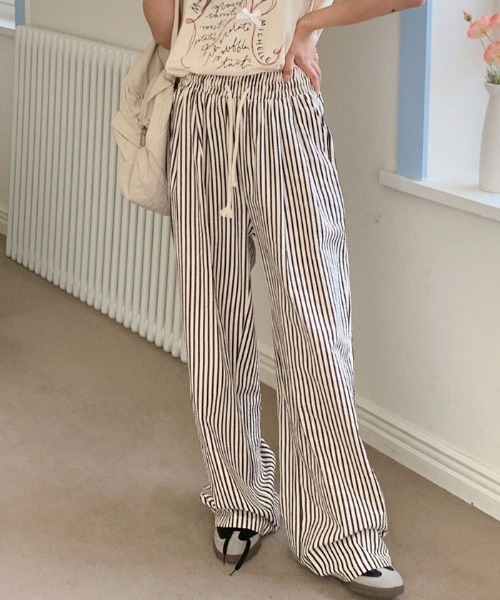 セール】ストライプ柄パンツ夏ワイドパンツ レディース ボトムス