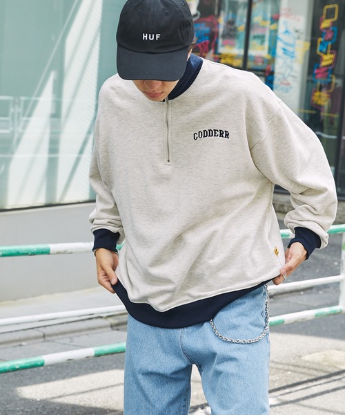 CODDERR】ハーフジップ ロゴ刺繍 裏毛 ビッグシルエットスウェット