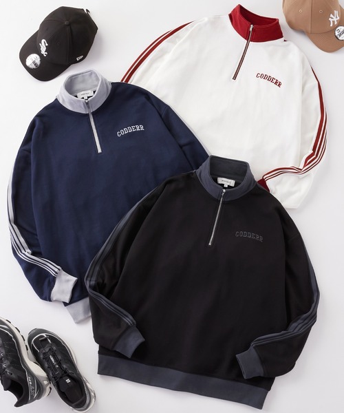 CODDERR】ハーフジップ ロゴ刺繍 裏毛 ビッグシルエットスウェット