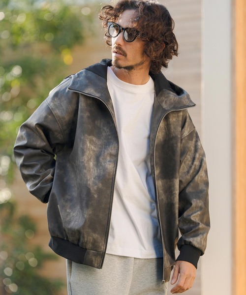 mj11312- Shade Synthetic Leather Hooded Jacket レザーフード