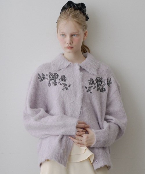 セール】【HEIREN】モヘアタッチ刺繍入りカーディガン（カーディガン