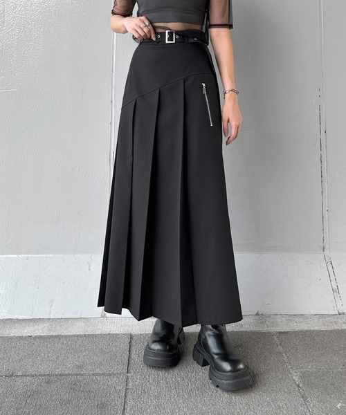 jiasecond.】アシメプリーツロングタイトスカート / ベルト付き