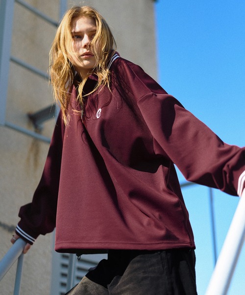 ワンポイントロゴ刺繍ドローコード付鹿の子ポンチハーフジップ