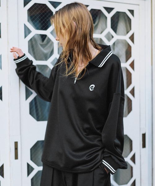 ワンポイントロゴ刺繍ドローコード付鹿の子ポンチハーフジップ