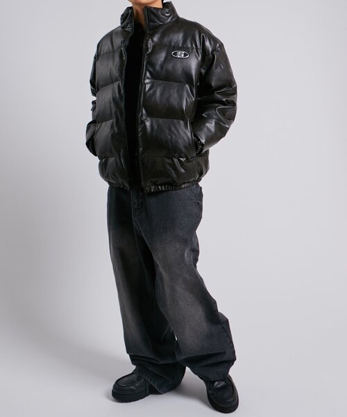 セール】【UNISEXS】Sロゴヴィンテージライクレザーブルゾン（ダウン