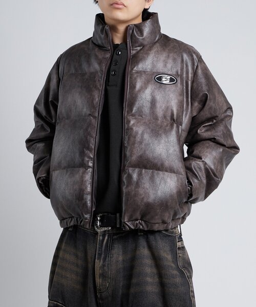 セール】【UNISEXS】Sロゴヴィンテージライクレザーブルゾン（ダウン