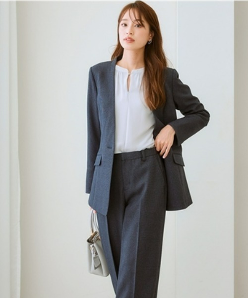 セール】【洗える・ストレッチ】ウール調ワイドパンツスーツ（ロング丈
