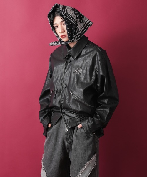 セール】a.p.o.v. ワンポイントロゴ刺繍ショート丈合成皮革ジャケット