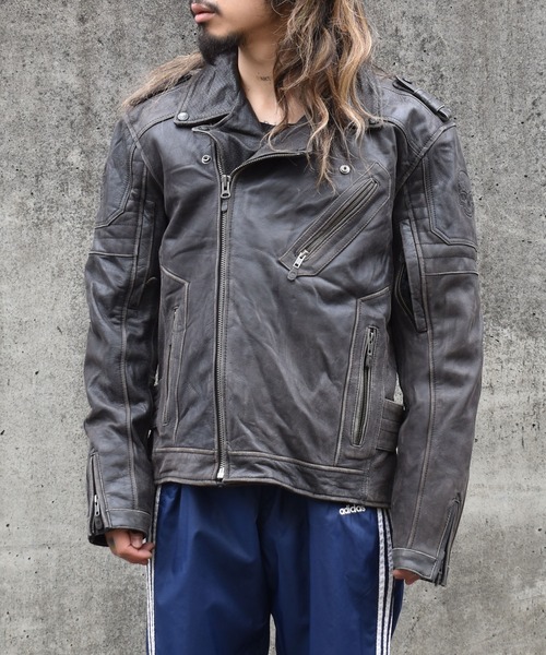 セール】【ヴィンテージ古着】BLACK BRAND スカル ダブル レザー