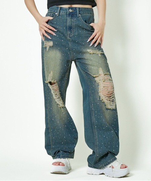 セール】《きらクラッシュ×ラインストーン》レディース ダメージデニム