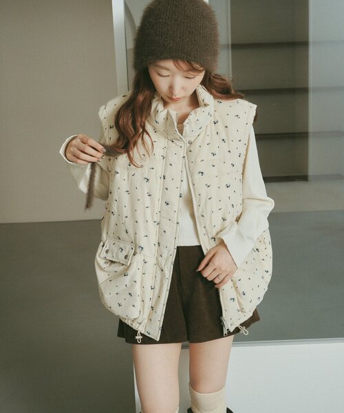 セール】【袖取り外し可/無地&花柄】コーデュロイ中綿ミドルジャケット