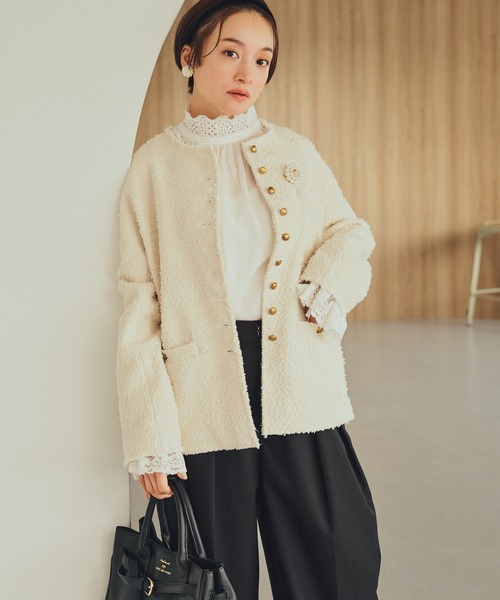 セール】アソート ツイードノーカラージャケット（ノーカラー