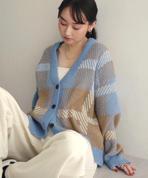 セール】モヘヤライクチェックジャガード長袖ニットカーディガン