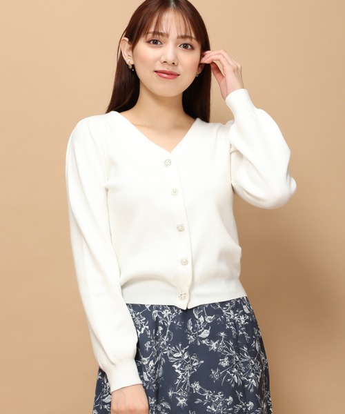 セール】Vネック総針ビジューカーディガン/MM348402（カーディガン