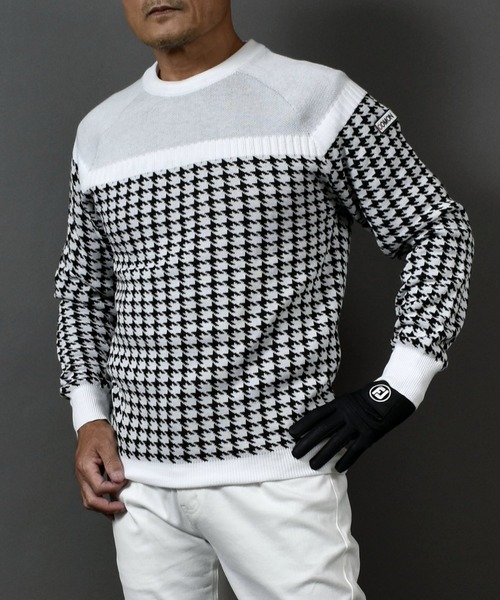 セール】ニット素材 千鳥格子 柄 切替 クルーネック ゴルフウェア