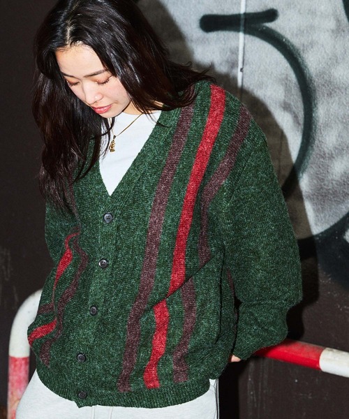 セール】【NYUDROP】SHAGGY KNIT STRIPE CARDIGAN / シャギーニット