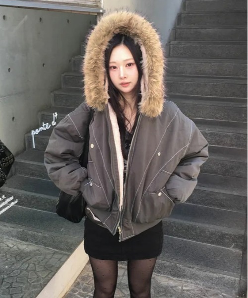 セール】ボリュームフェイクファーフードブルゾン/あったか裏ボア