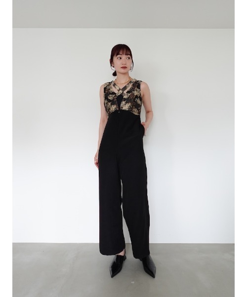 セール】Cross Neck Jacquard Jumpsuits/クロスネックジャガード