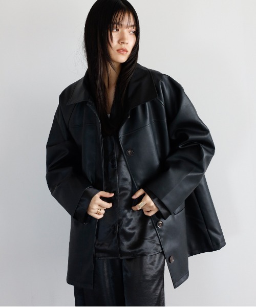 セール】fake leather soutien collar middle coat with liner