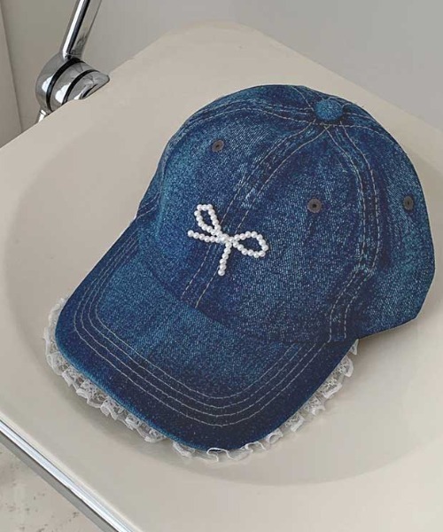 セール】ビーズリボン レース付きデニムキャップ（キャップ）｜NANEA